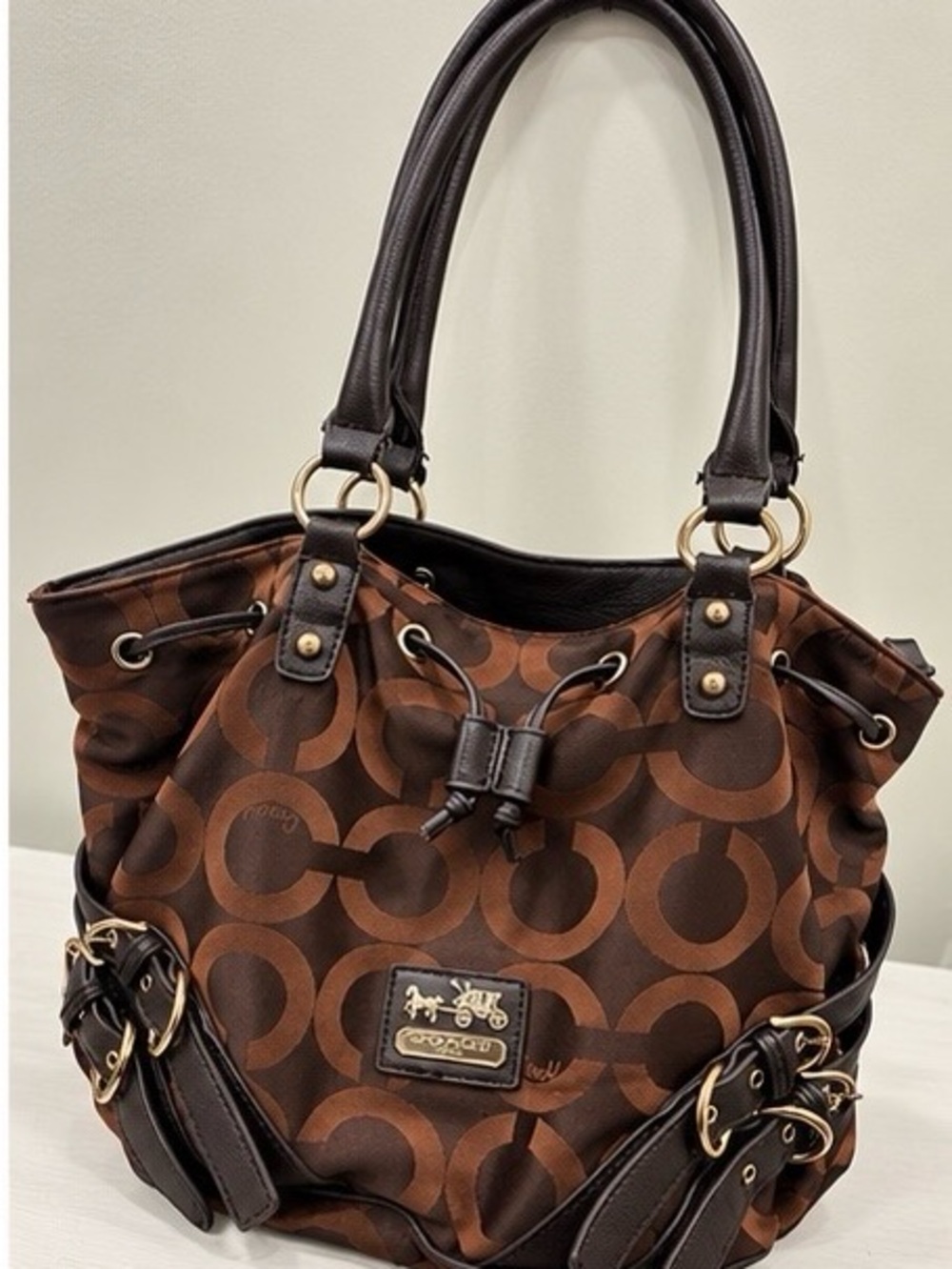 Coach Brown Circle Logo Drawstring Tote with Dark Brown Trim